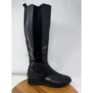 Tory Burch Riding‎ Boots Leather Black Wyatt Buckle Side Zipper Size 38 US 7